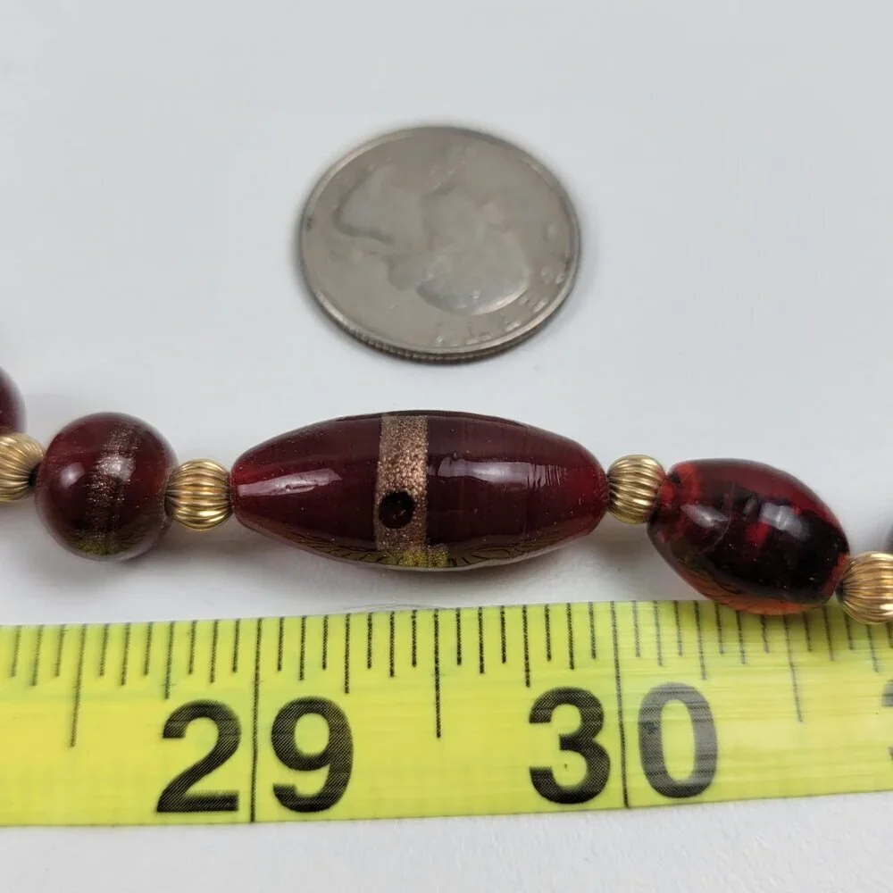 Vtg. Crimson Red Faux-Amber Glass Art Beaded Necklace Gold Plated Fishhook 19 In